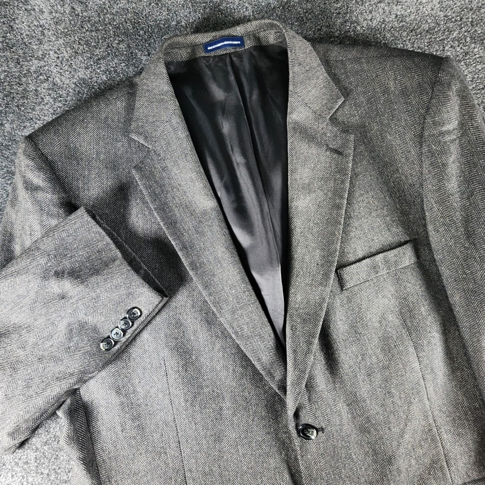 Stafford Signature Mens 46R‎ Blazer Silk Camel Hair Grey Herringbone Sport Coat - Picture 2 of 14
